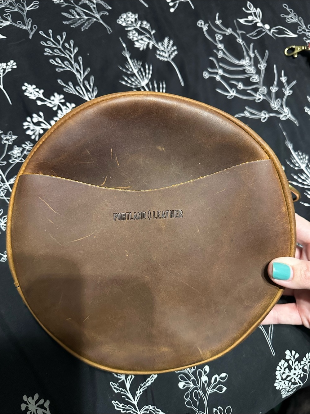 Portland Leather Canyon large circle bag. Strap removed.